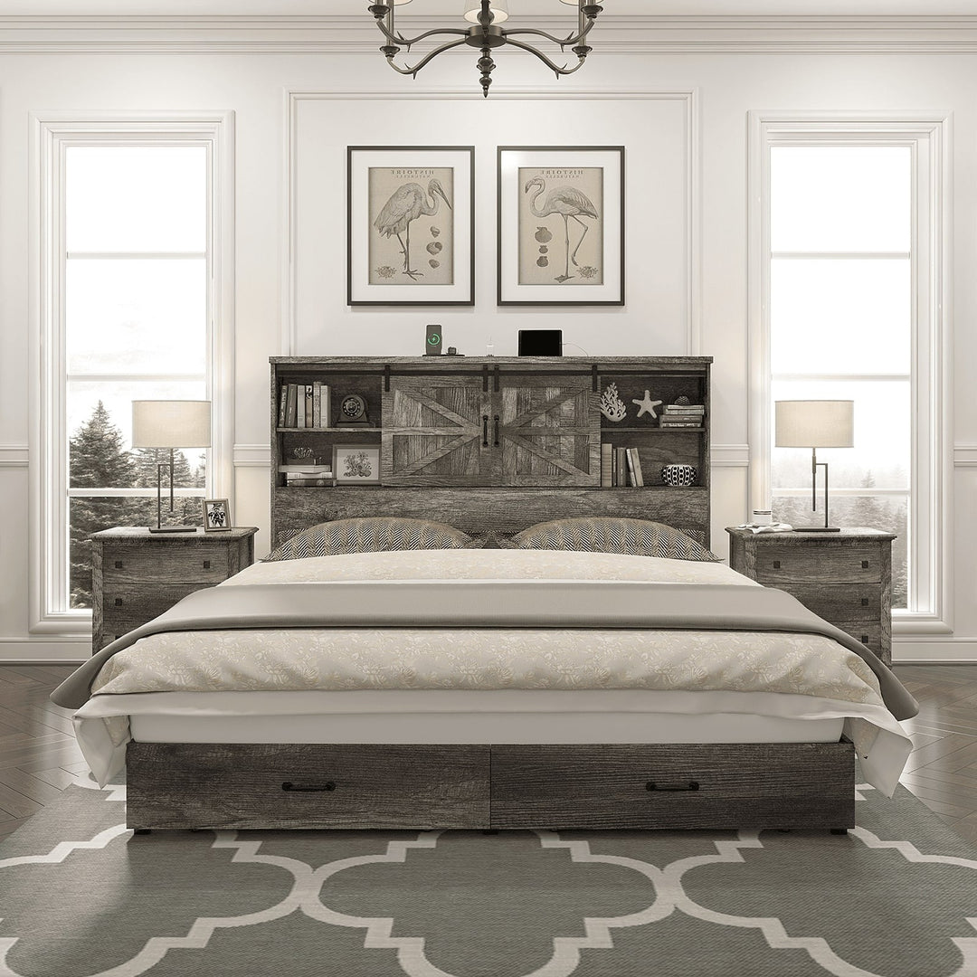 Farmhouse-Style Wooden Platform Bed Frame Boasting a 51.2" Bookcase Headboard, Integrated Storage with a Sliding Barn Door Charging Station and 2 Drawers - No Box Spring Required, Totally Noise-Free