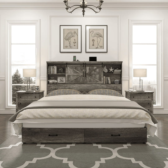 Farmhouse-Style Wooden Platform Bed Frame Boasting a 51.2" Bookcase Headboard, Integrated Storage with a Sliding Barn Door Charging Station and 2 Drawers - No Box Spring Required, Totally Noise-Free