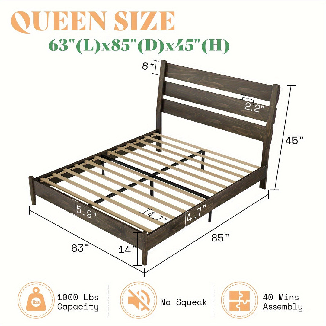 Solid Wood Bed Frame, Mid Century Platform Bed with Reclining Slatted Headboard, Wood Slat Support/No Box Spring Needed/Noise Free