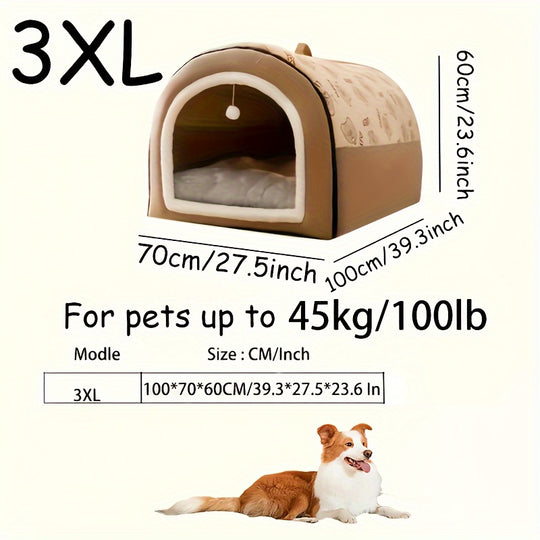 1pc 2-in-1 Polyester Removable Flannel Pet Bed with Hanging Ball, Detachable Rectangular Bedding for Small, Medium, Large Dogs, Indoor Cat Shelter with Handle