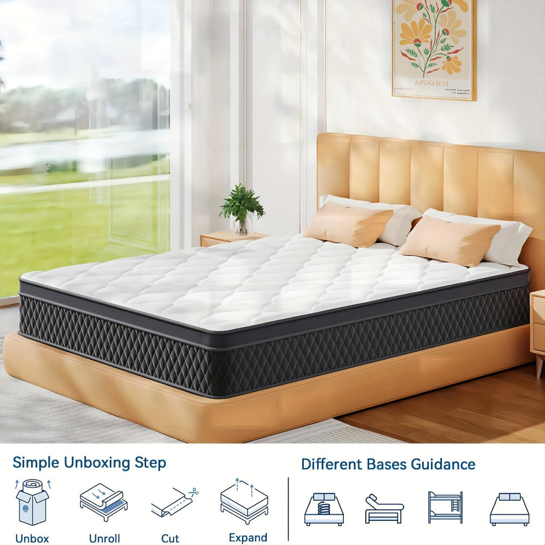 10/12 Inch Hybrid Mattress in a Box with Memory Foam & Individual Pocket Spring for Edge Support, Memory Moam Medium Firm Mattress for Isolate Motion, Soft and Comfortable