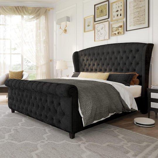 King Size Platform Bed Frame Chenille Upholstered Sleigh Bed with Scroll Wingback Headboard & Footboard/Button Tufted/No Box Spring Required/Cream