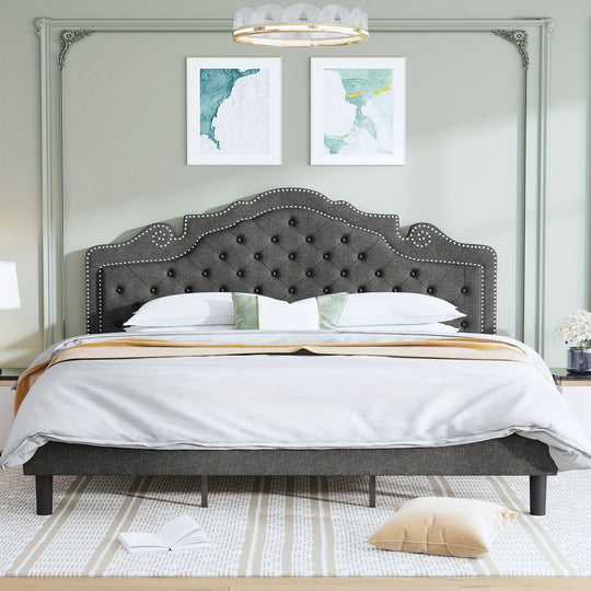 WEEWAY Upholstered Bed Frame, Adjustable Curved Headboard, High Resilience, Diamond Tufted