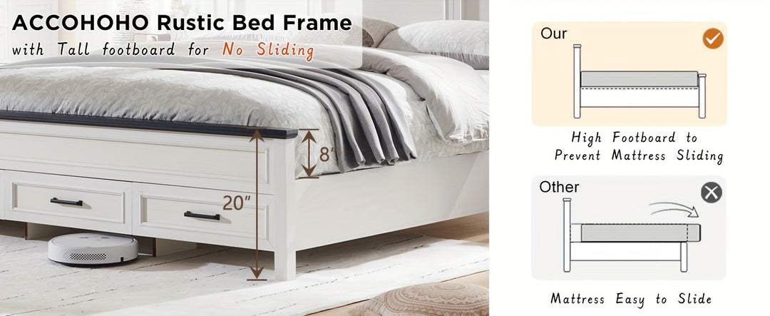 Farmhouse Queen Size Bed Frame With 52" Tall Full-Panel Headboard, Wood Platform Bedframe With Footboard And Storage Drawers, No Squeak, No Box Spring Needed