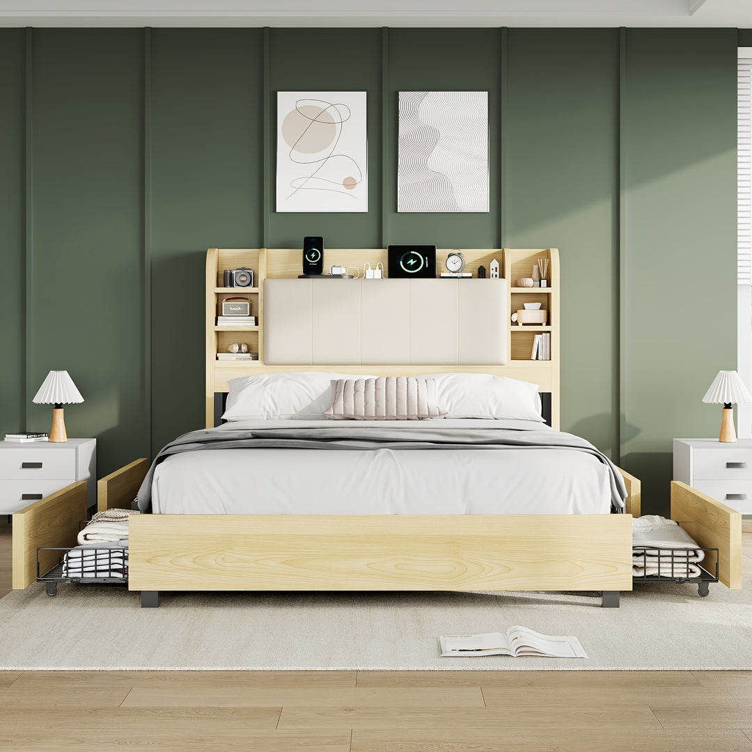 Upholstered Platform Bed Frame With 4 Storage Drawers, Industrial Design, Bookcase Headboard, And Built-in Charging Station