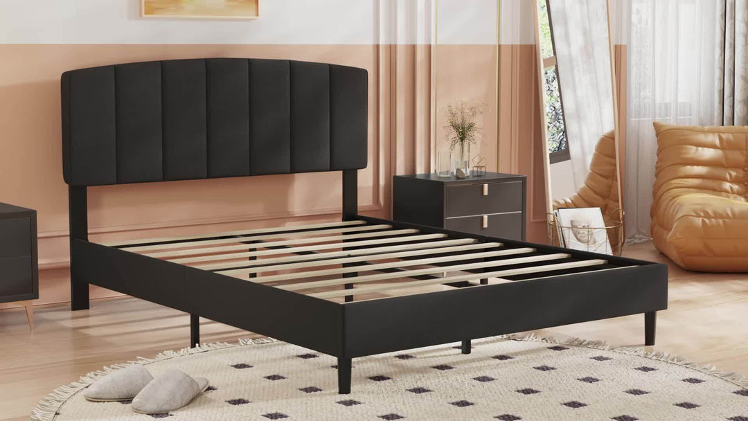 1pc Alazyhome Upholstered Platform Bed Frame King Size (Beige) With Button Tufted Velvet Headboard Wood Slat Support Easy Assembly No Box Spring Needed(76 In/192 Cm*81 In/206 Cm)