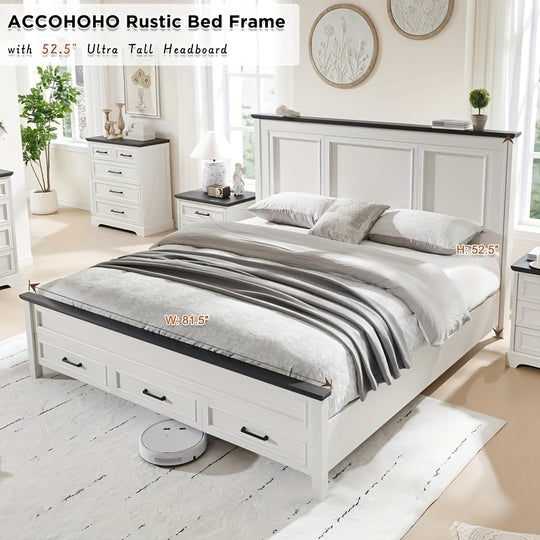 Farmhouse Queen Size Bed Frame With 52" Tall Full-Panel Headboard, Wood Platform Bedframe With Footboard And Storage Drawers, No Squeak, No Box Spring Needed