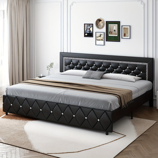 Bed Frame, Upholstered Bed Frame with Diamond Tufted Headboard, Faux Leather Headboard, Easy Assembly, No Box Spring Needed