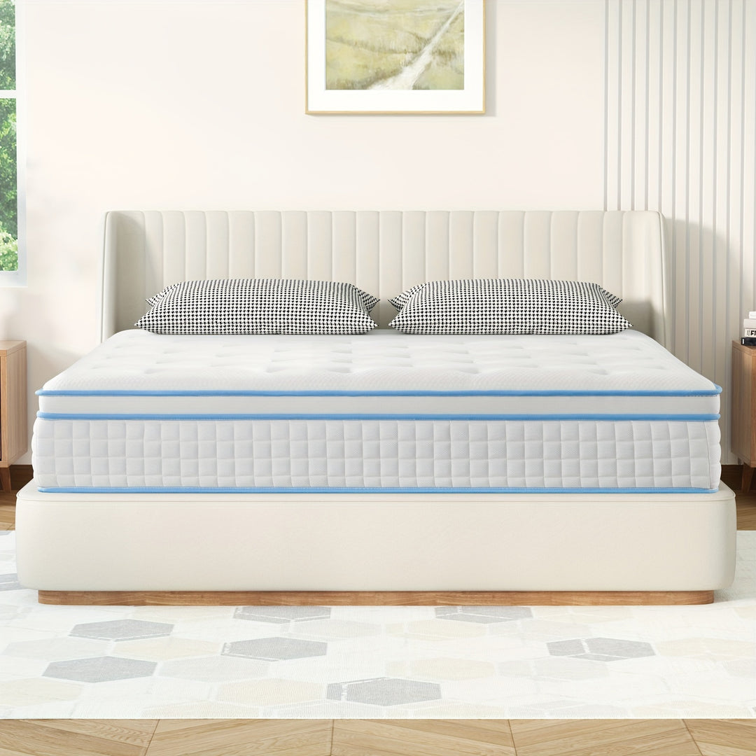 12 Queen Size Plush Memory Foam Spring Hybrid Mattress - Soft Cotton Cover, Pressure Relieving, Breathable, And Cooling Sleeping Experience