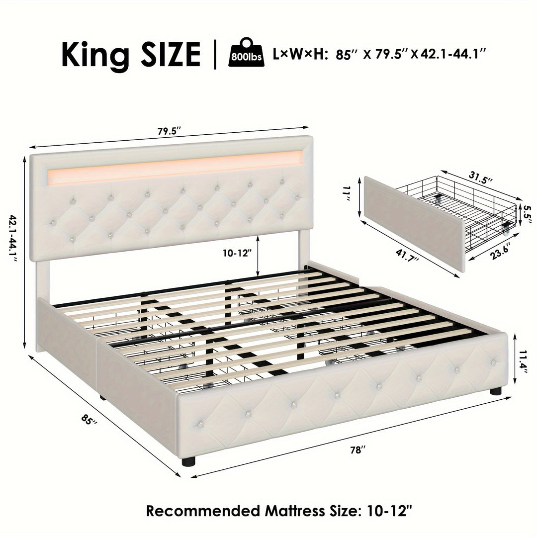 Full/Queen/King Size Upholstered Bed Frame With LED Lights Headboard And 4 Storage Drawers, Platform Bed With Crystal Button Tufted Headboard, No Box Spring Needed, Faux Leather/Velvet Fabric, White/Black/Velvet Beige