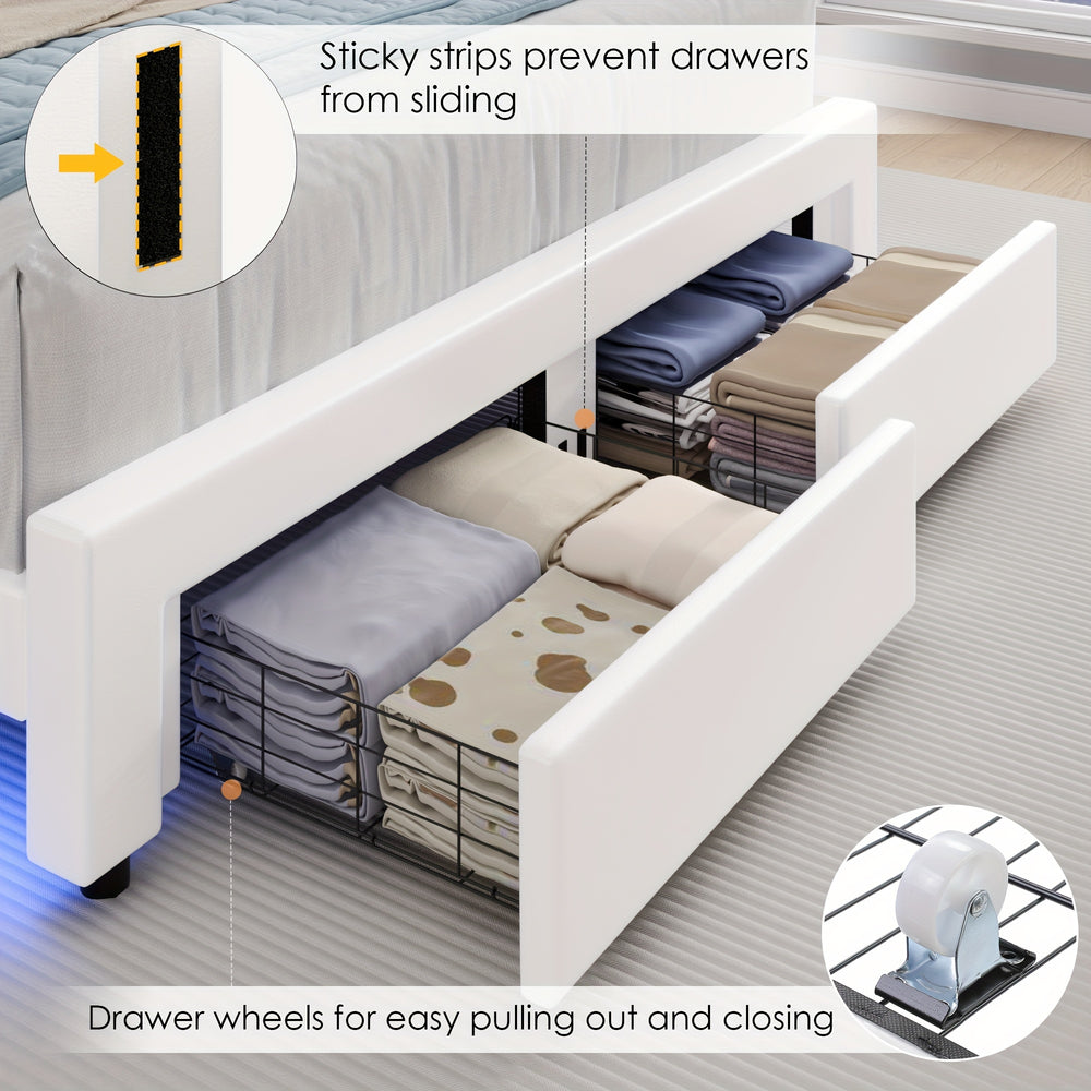 LED Bed Frame with 2 Storage Drawers, Modern Smart Faux Leather Upholstered Platform Bed Frame with Adjustable Semicircle Headboard