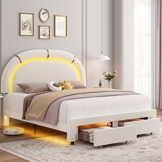 LED Bed Frame with 2 Storage Drawers, Modern Smart Faux Leather Upholstered Platform Bed Frame with Adjustable Semicircle Headboard