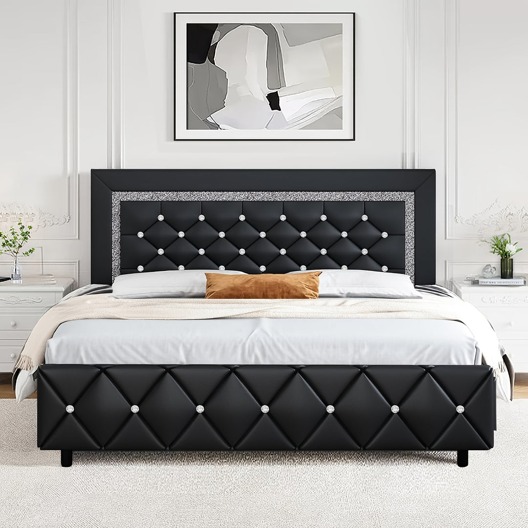 Upholstered Bed Frame  with Diamond Tufted Headboard, Faux Leather Headboard & Footboard, Wooden Slats Support, No Box Spring Needed, Easy Assembly, Black