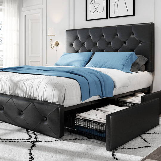 HOOMIC Full/Queen/King Size Platform Storage Bed Frame with 4 Drawers & Adjustable Headboard, Wooden Slats, No Box Spring Needed, Diamond Stitched Button Tufted Design, Noise Free, Easy Assembly