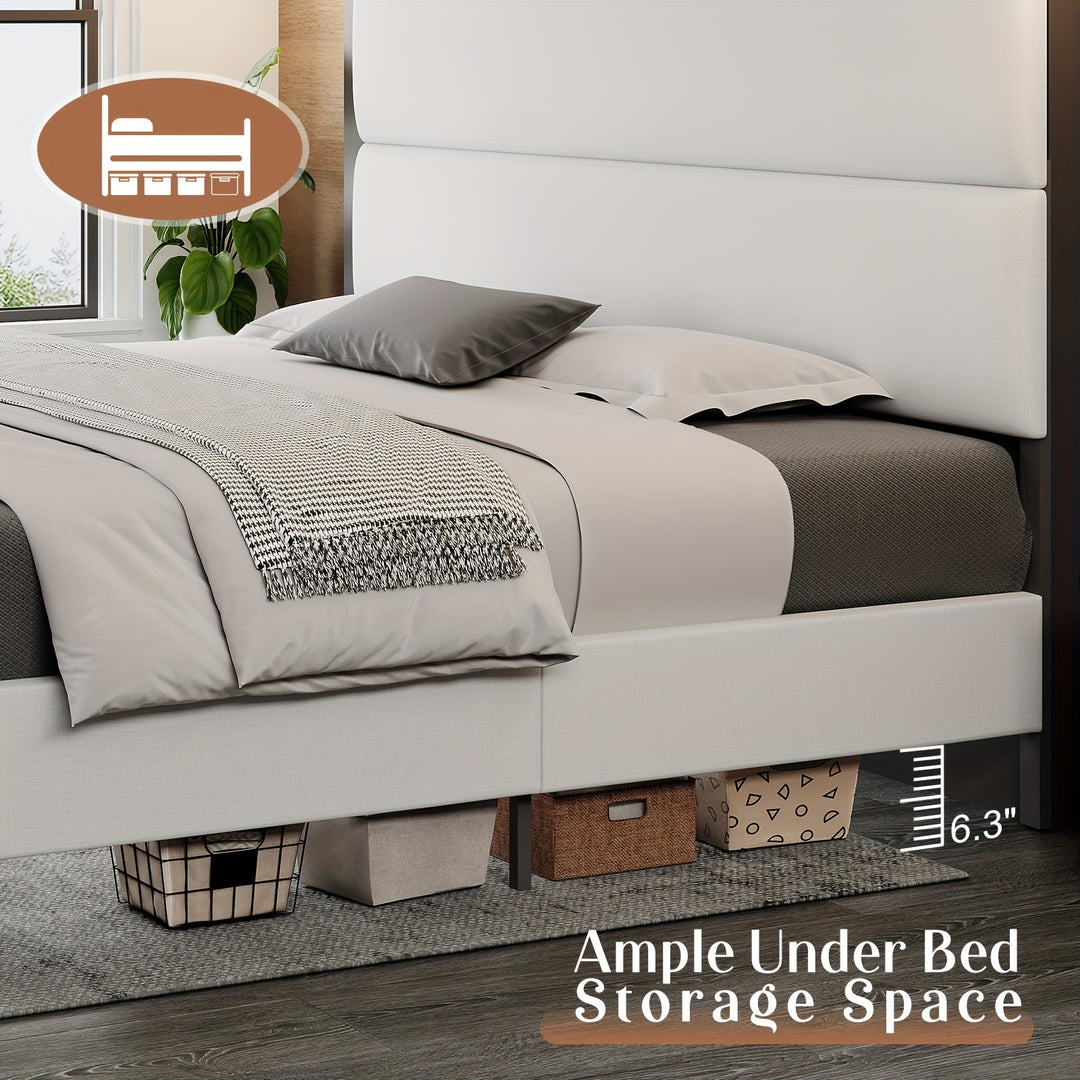 Queen 47.6" Upholstered Bed Frame With Two Storage Drawers, Linen Platform Bed Featuring A Height-Adjustable Headboard White