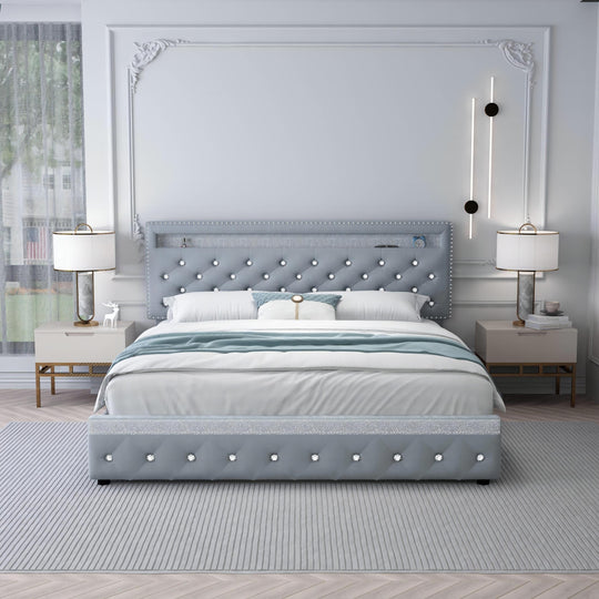 Sibeds Queen Size Bed Frame, LED Lights, Storage Drawers, Tufted Headboard, No Box Spring Needed