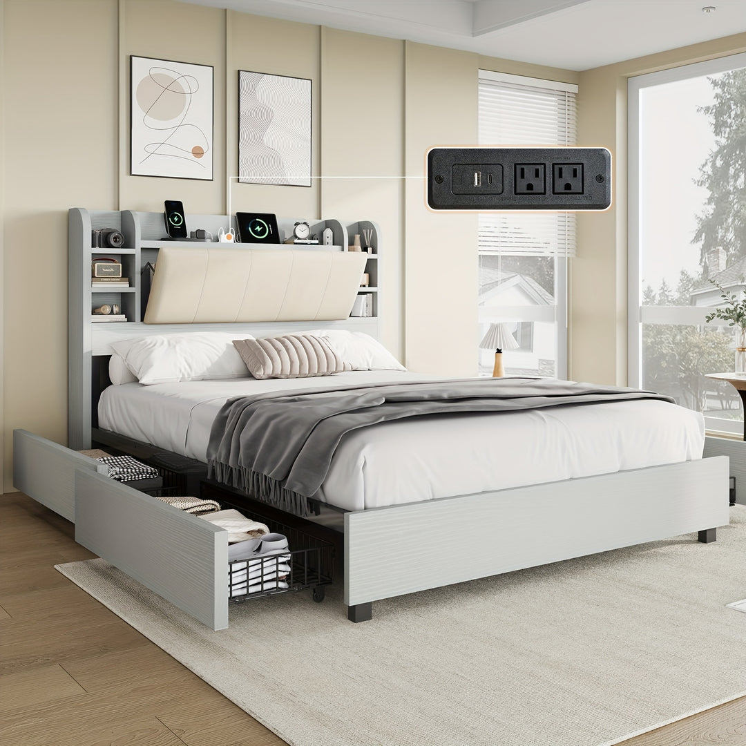 Upholstered Platform Bed Frame With 4 Storage Drawers, Industrial Design, Bookcase Headboard, And Built-in Charging Station