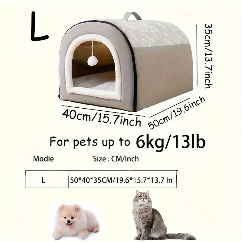 1pc 2-in-1 Polyester Removable Flannel Pet Bed with Hanging Ball, Detachable Rectangular Bedding for Small, Medium, Large Dogs, Indoor Cat Shelter with Handle