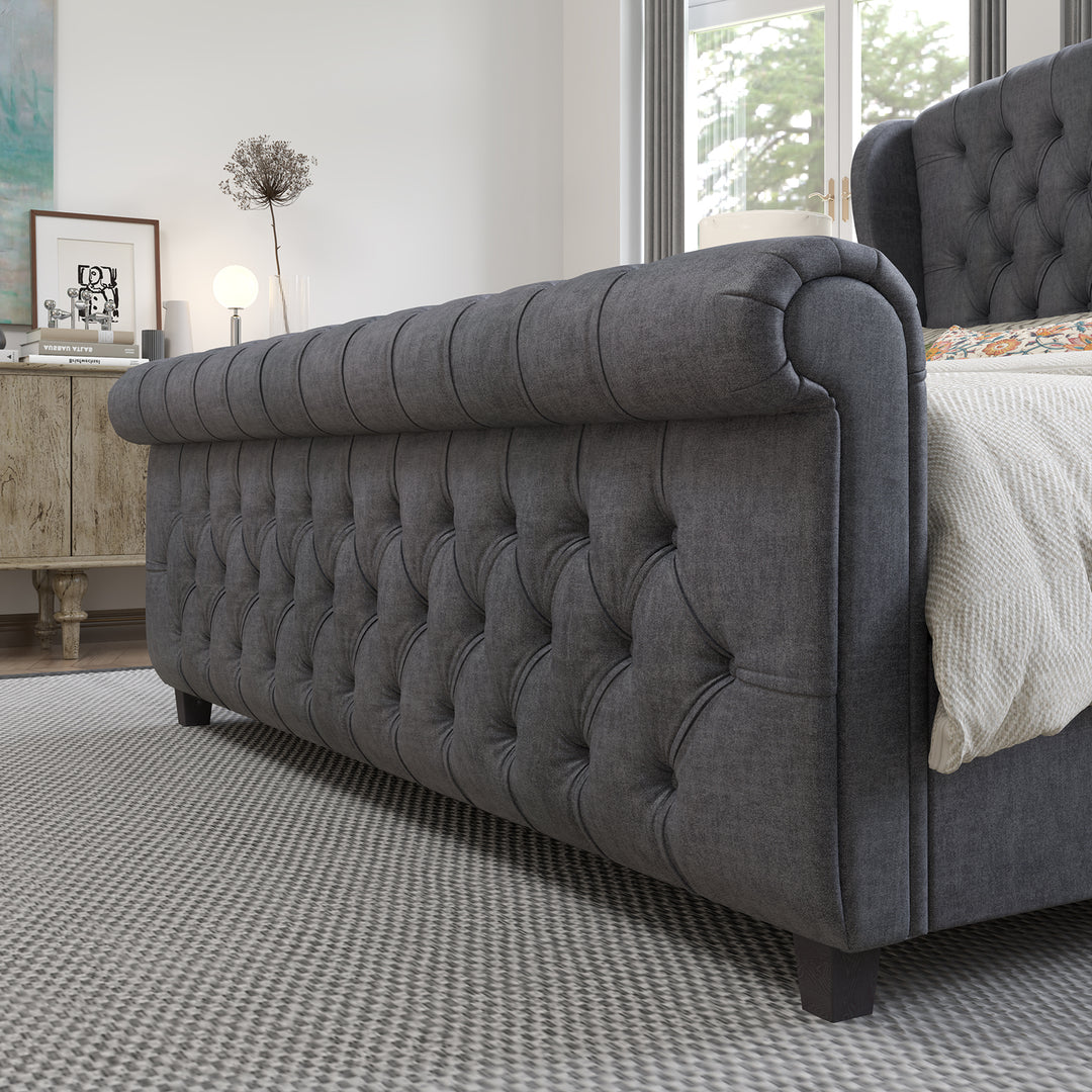 Luxurious Chenille-Upholstered Platform Bed Frame Collection: Ornamented with Scroll-Patterned Wingback Headboard & Matching Footboard, Button-Tufted Finishes, Box Spring-Free Configuration