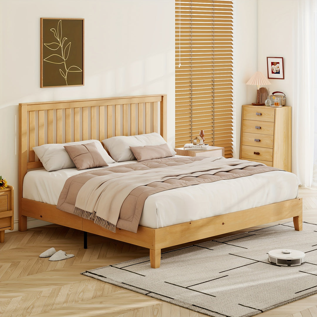 Solid Wood Bed Frame with Headboard, Mid-Century Platform Bed with Wood Slat Support/No Box Spring Needed/Easy Assembly