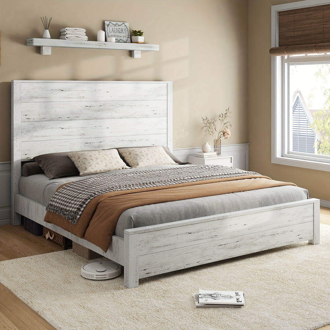 Rustic Solid Wood Platform Bed Frame With Spliced Headboard, Noise-Free Slat Support, No Box Spring Needed