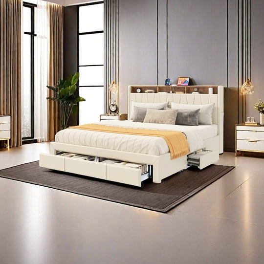 FurnaNova King Size Bed Frame, Storage Bed Frame w/ LED Lighting & 4 Drawers, Upholstered Platform Bed Frame with Charging Station & Storage Headboard, No Box Spring Required, Easy Assembly, Beige