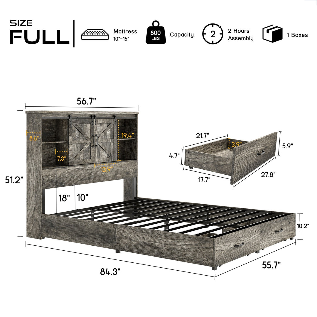 Farmhouse-Style Wooden Platform Bed Frame Boasting a 51.2" Bookcase Headboard, Integrated Storage with a Sliding Barn Door Charging Station and 2 Drawers - No Box Spring Required, Totally Noise-Free