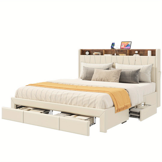 FurnaNova King Size Bed Frame, Storage Bed Frame w/ LED Lighting & 4 Drawers, Upholstered Platform Bed Frame with Charging Station & Storage Headboard, No Box Spring Required, Easy Assembly, Beige