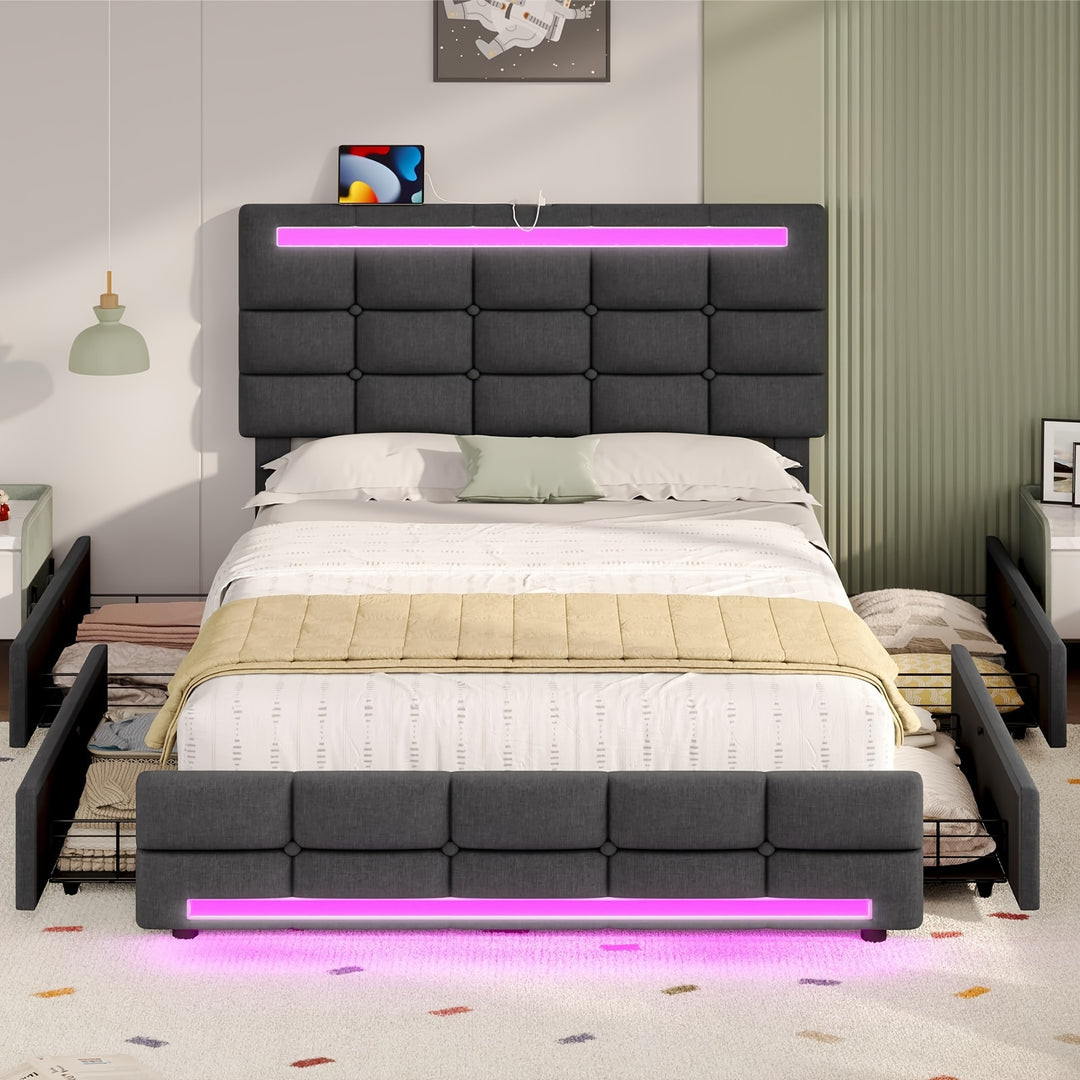 Queen/ Full Bed Frame With LED Lights, Queen Size Bed Frame With Adjustable Headboard, Bed Frame With Storage, No Box Spring Needed, Noise Free, Dark Grey