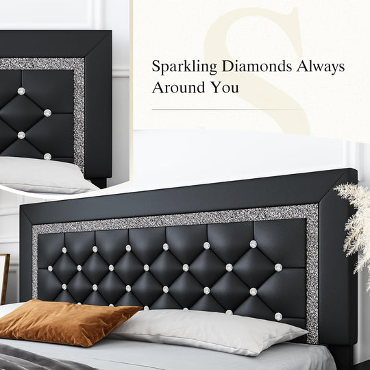 Upholstered Bed Frame  with Diamond Tufted Headboard, Faux Leather Headboard & Footboard, Wooden Slats Support, No Box Spring Needed, Easy Assembly, Black