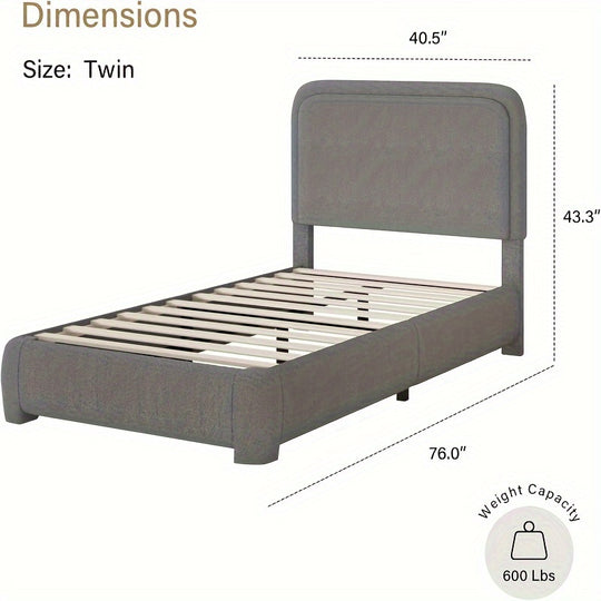 Boucle Upholstered Platform Bed Frame With Headboard, Modern Style, Soft Rounded Corners, No Box Spring Required, Easy Assembly