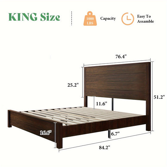 Rustic Solid Wood Platform Bed Frame With Spliced Headboard, Noise-Free Slat Support, No Box Spring Needed