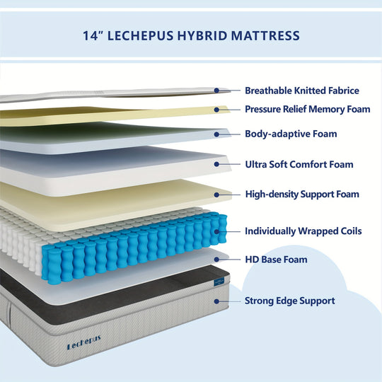 Lechepus 14 Inch Hybrid Memory Foam Mattresses with Individual Pocket Springs, Mattress in Box, Medium Plush Comfortable Mattress for a  Cooler Sleep & Back Pain Relief, CertiPUR-US Certified