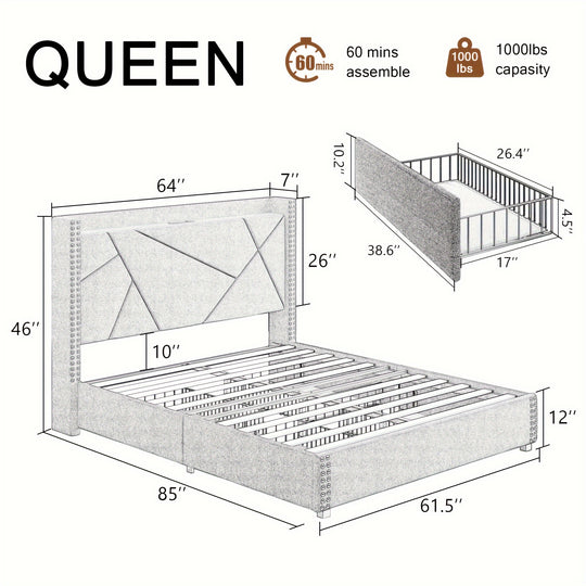 Upholstered Bed Frame with Storage Drawers, Charging Station, Wingback Headboard, No Box Spring Needed