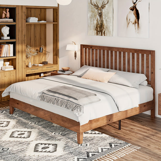 Solid Wood Bed Frame with Headboard, Mid-Century Platform Bed with Wood Slat Support/No Box Spring Needed/Easy Assembly