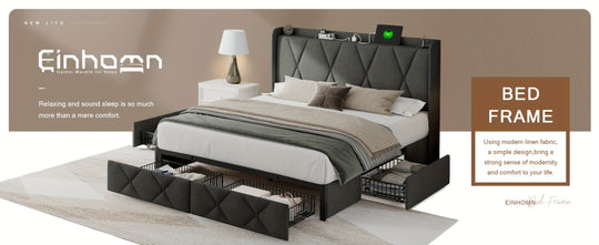 Full Size Bed Frame with 4 Drawers, Storage Headboard with Fast Charging Station, Upholstered Button Tufted Platform Beds, Wood Slats, Noise-Free, No Box Spring Needed, Dark Grey