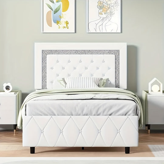 Bed Frame, Upholstered Bed Frame with Diamond Tufted Headboard, Faux Leather Headboard, Easy Assembly, No Box Spring Needed