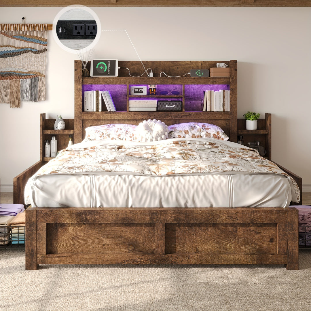 Farmhouse Wooden Bed Frame With 4 Storage Drawers, LED Bed Frame With 49" Tall Bookcase Headboard, Wood Platform Bed With Charging Station & 2 Slide Bedside Shelf