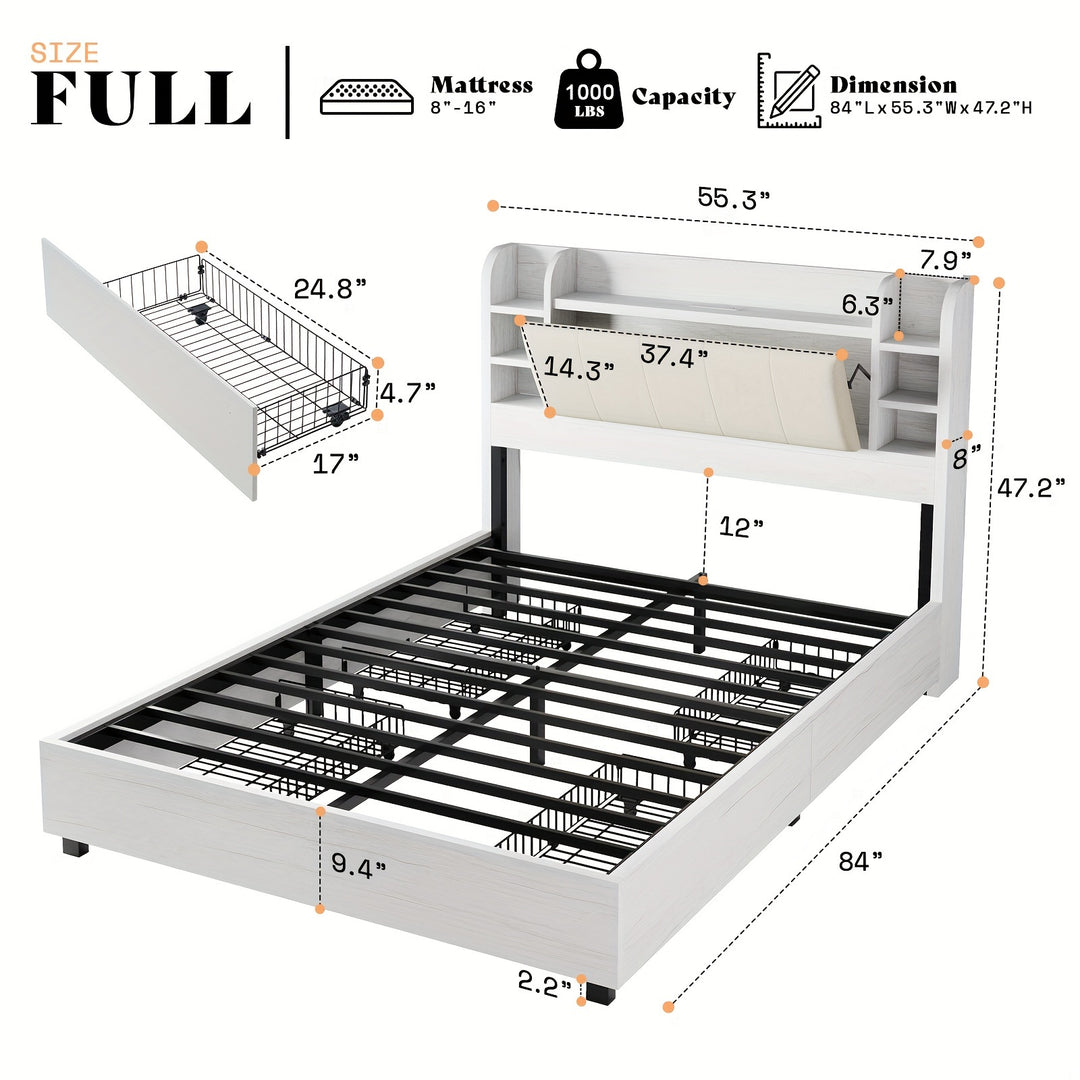 Upholstered Bed Frame With 4 Storage Drawers, Industrial Bed Frame With 47.2" Bookcase Headboard, Wooden Platform Bed With Charging Station And Drawers