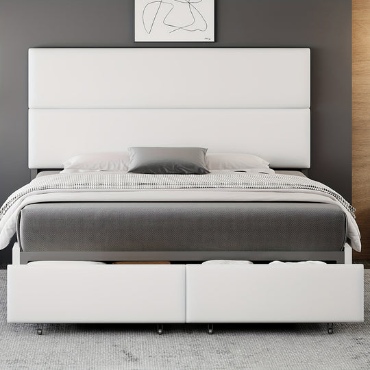 Queen 47.6" Upholstered Bed Frame With Two Storage Drawers, Linen Platform Bed Featuring A Height-Adjustable Headboard White