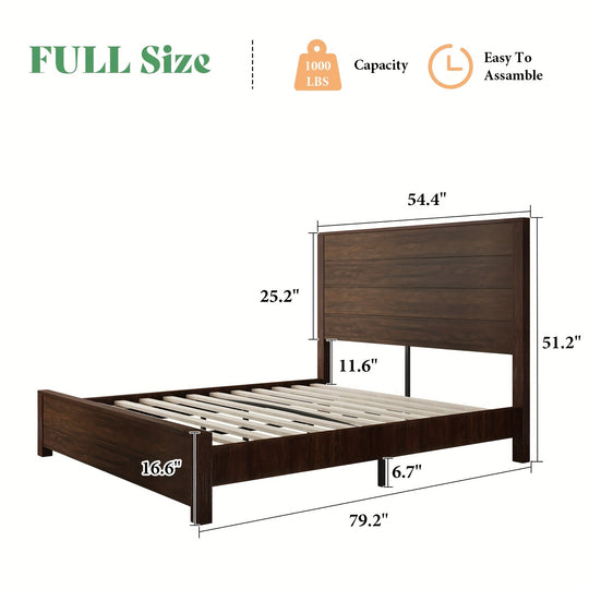 Rustic Solid Wood Platform Bed Frame With Spliced Headboard, Noise-Free Slat Support, No Box Spring Needed