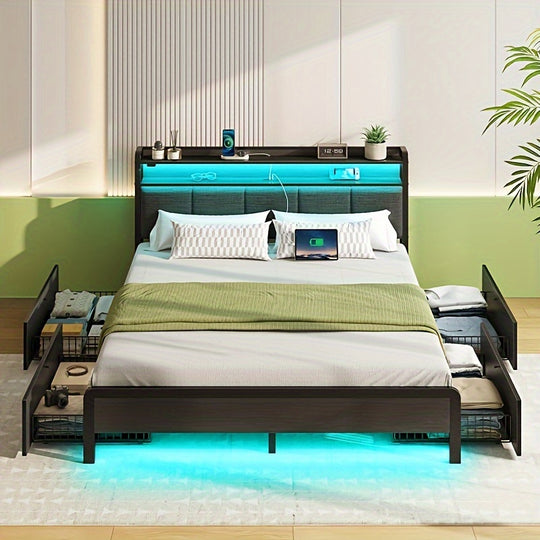 Twin/Full/King/Queen Size Bed Frame Avaliable, Bed Frame With Charging Station & 4 Storage Drawers & RGBW LED Lights, Linen Upholstered Headboard With 2-Tier Storage, Stable Metal Platform Bed, No Box Spring Needed, No Noise