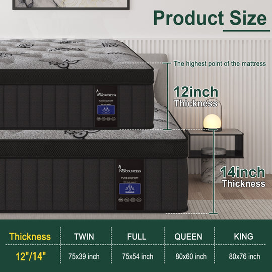 Viscountess Mattress 12"14" Gel Memory Foam Hybrid Pocket Spring Twin Full Queen King Mattress In A Box Medium Firm