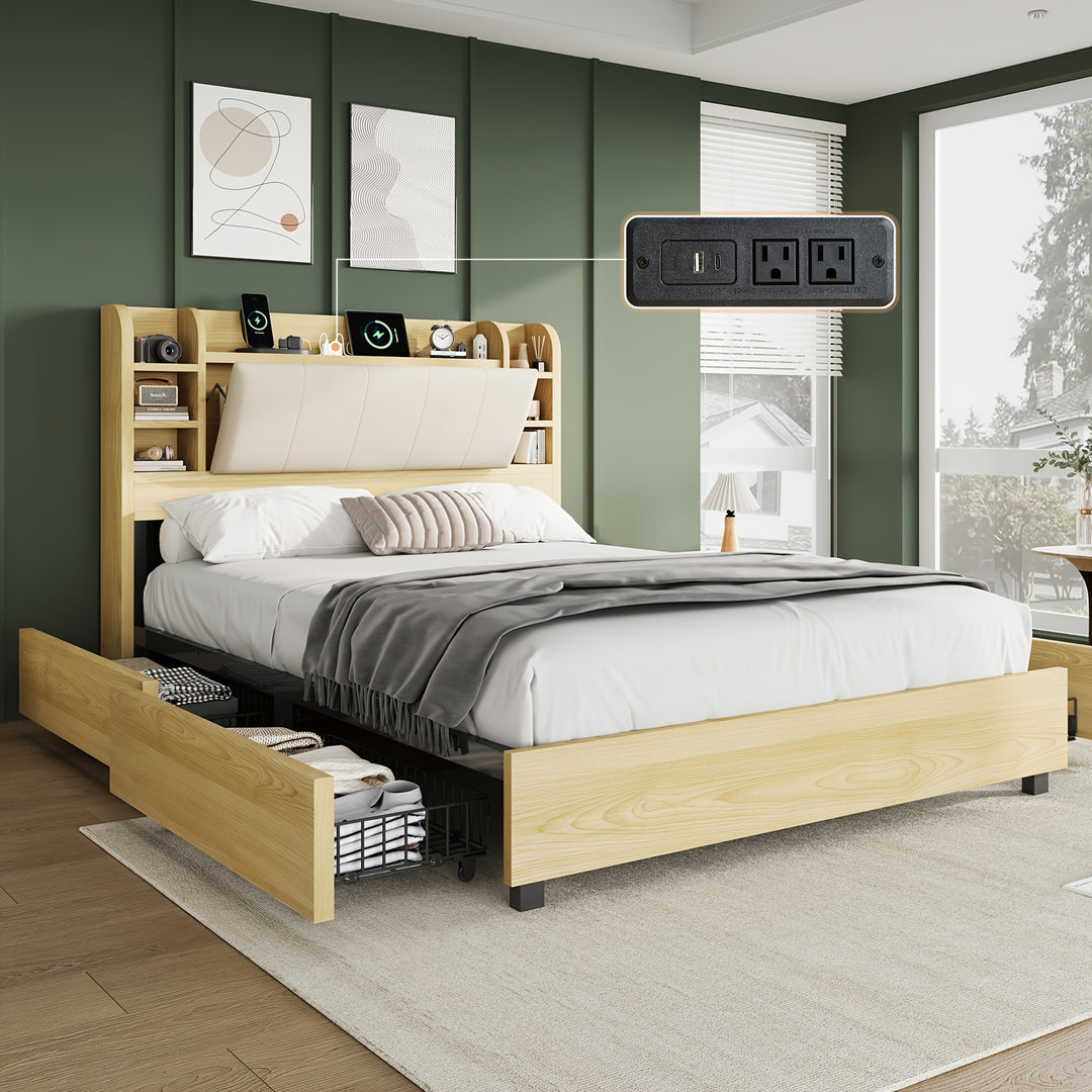 Upholstered Platform Bed Frame With 4 Storage Drawers, Industrial Design, Bookcase Headboard, And Built-in Charging Station