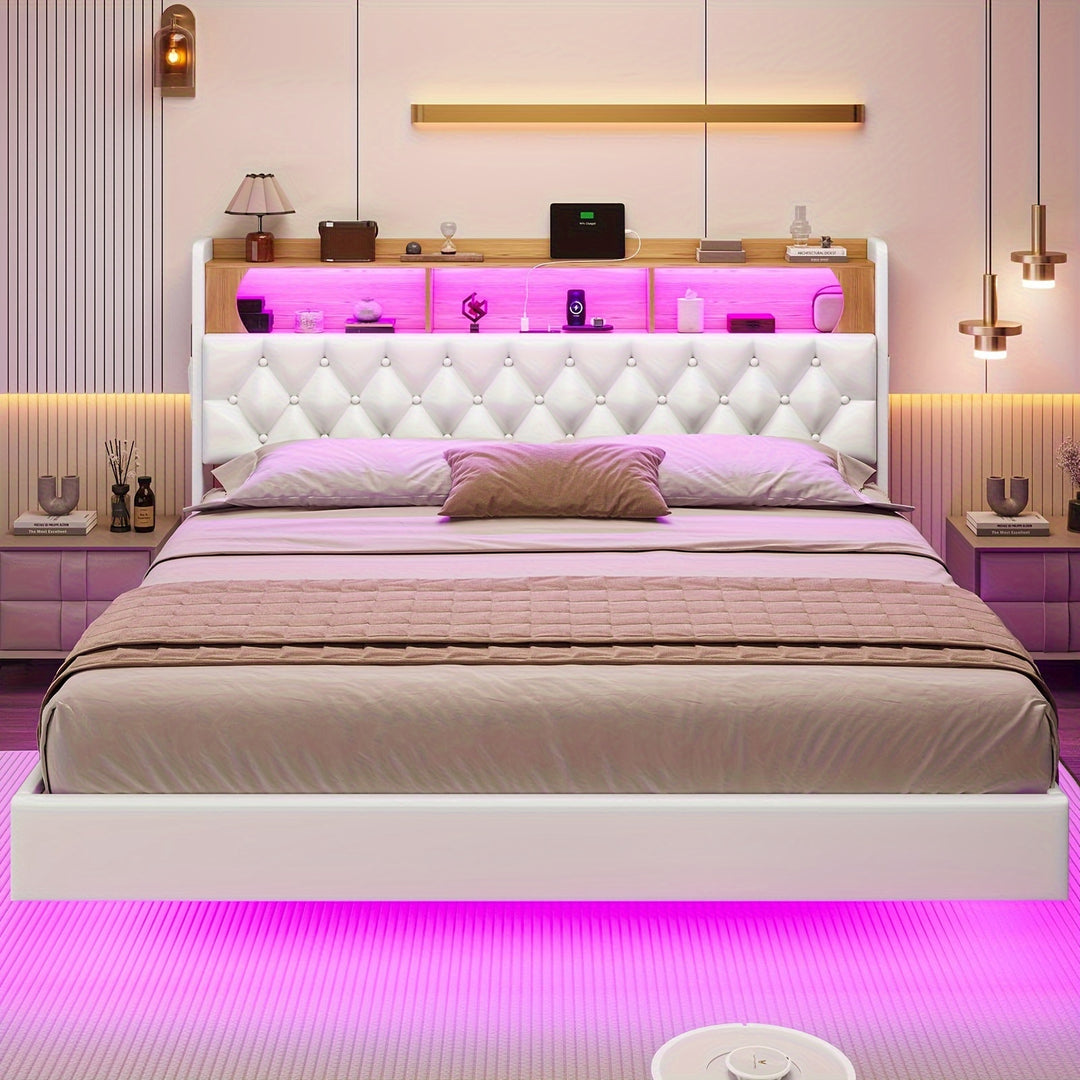 King/ Queen/ Full Floating Bed Frame with Storage Headboard, Leather King Platform Bed with LED Lights & Charging Station, Modern LED Floating Bed, No Box Spring Needed, White