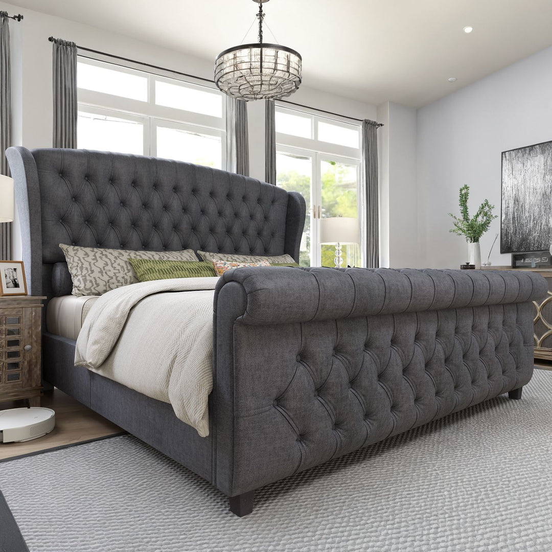 Luxurious Chenille-Upholstered Platform Bed Frame Collection: Ornamented with Scroll-Patterned Wingback Headboard & Matching Footboard, Button-Tufted Finishes, Box Spring-Free Configuration