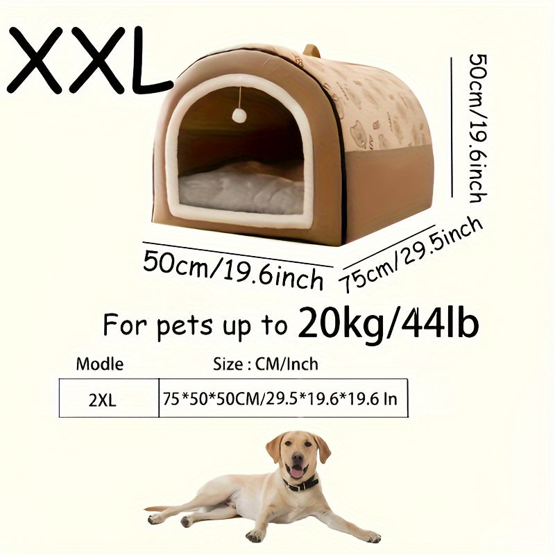 1pc 2-in-1 Polyester Removable Flannel Pet Bed with Hanging Ball, Detachable Rectangular Bedding for Small, Medium, Large Dogs, Indoor Cat Shelter with Handle