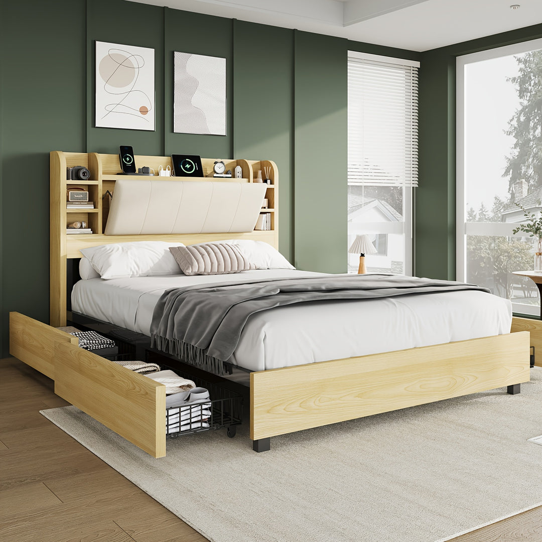 Upholstered Bed Frame With 4 Storage Drawers, Industrial Bed Frame With 47.2" Bookcase Headboard, Wooden Platform Bed With Charging Station And Drawers