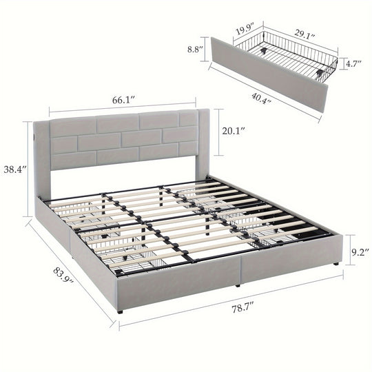 Upholstered Platform Bed Frame, 4 Drawers, Headboard, Charging Station, Full/Queen/King