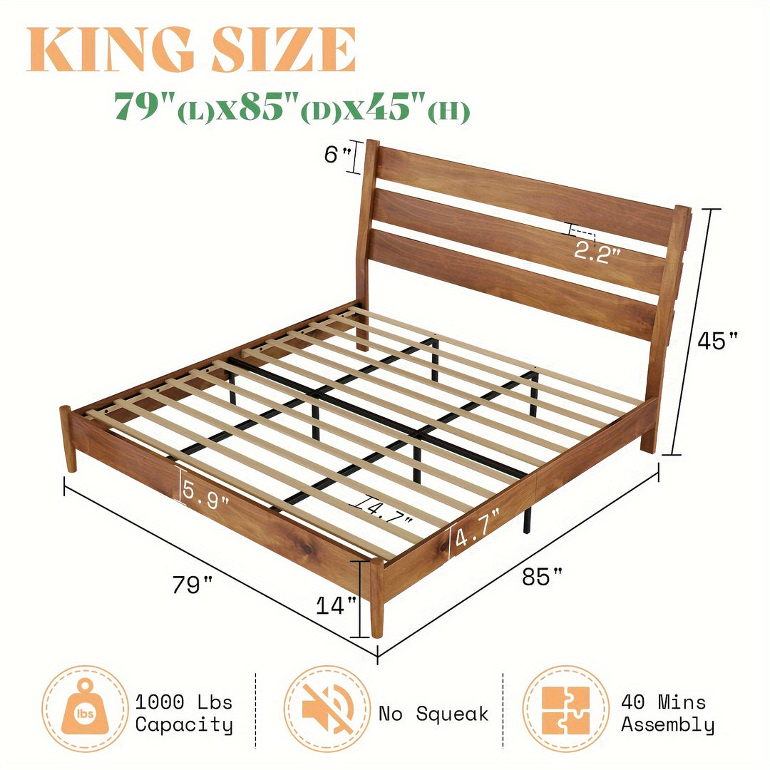 Solid Wood Bed Frame, Mid Century Platform Bed with Reclining Slatted Headboard, Wood Slat Support/No Box Spring Needed/Noise Free